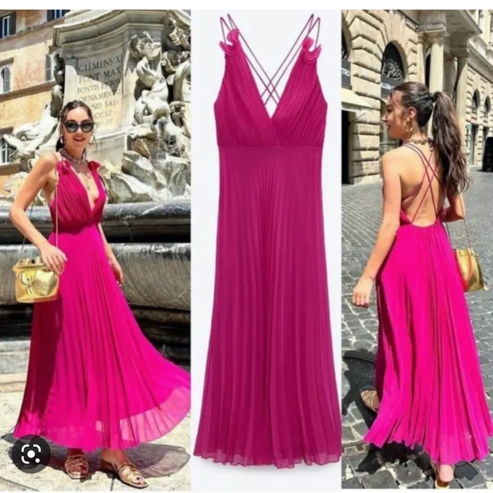 Zara Fuchsia Pink Pleated Midi Dress with Strappy Back